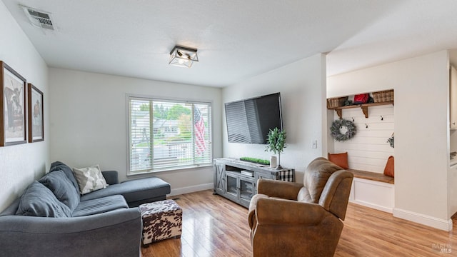living area with baseboards, visible vents, and light wood-style flooring