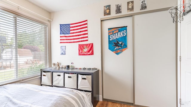 bedroom with wood finished floors and multiple windows