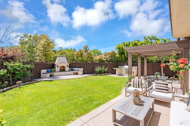 view of yard featuring a fenced backyard, a patio area, and a pergola