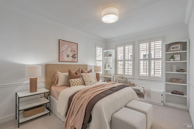 bedroom with light colored carpet and ornamental molding