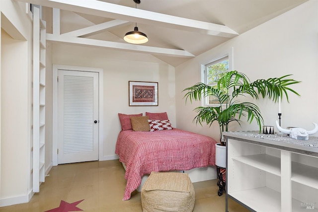 bedroom featuring vaulted ceiling with beams and baseboards