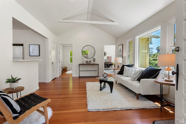 living room with baseboards, wood finished floors, and lofted ceiling