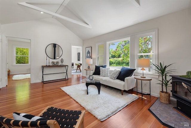 living room featuring baseboards, a wood stove, wood finished floors, and vaulted ceiling