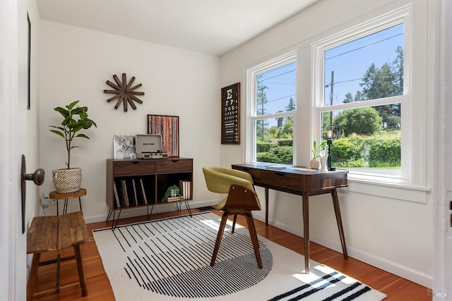 office space with baseboards and wood finished floors