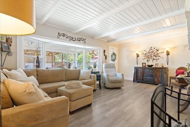 living area featuring light wood-style floors, baseboards, beam ceiling, and wood ceiling
