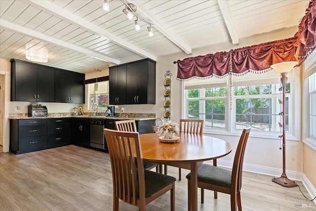 interior space featuring rail lighting, light wood-type flooring, dishwasher, beamed ceiling, and dark cabinetry