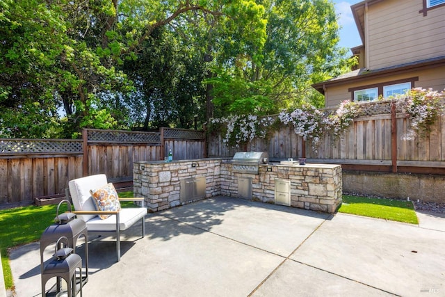 view of patio with area for grilling and a fenced backyard