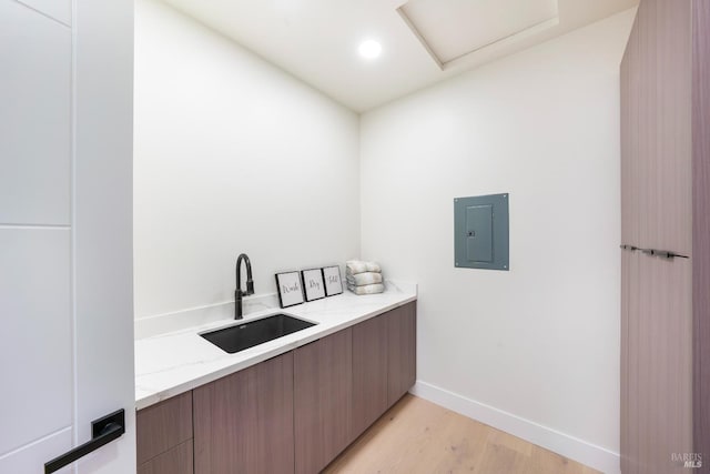 1975 W Bristlecone Ct, Santa Rosa, CA 95403 - bar area with a sink, electric panel, light wood-style floors, baseboards, and recessed lighting
