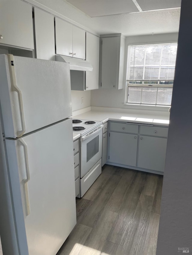 kitchen with light countertops, white appliances, under cabinet range hood, and dark wood-type flooring