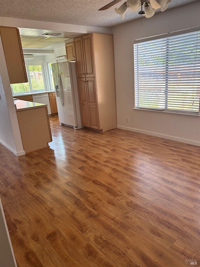 unfurnished living room with a wealth of natural light, wood finished floors, a ceiling fan, and baseboards