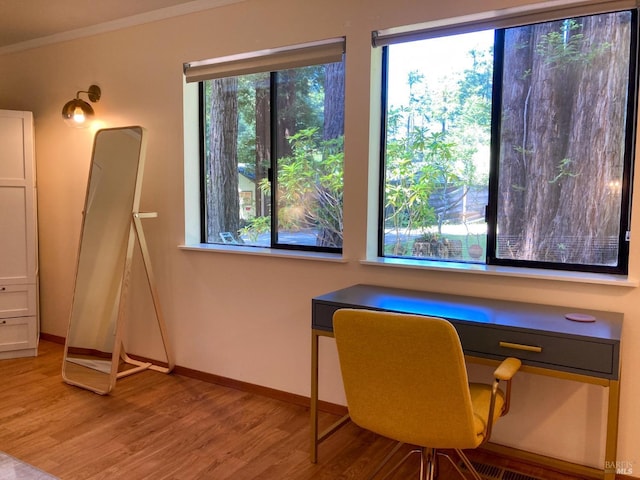 office with ornamental molding, baseboards, wood finished floors, and a healthy amount of sunlight