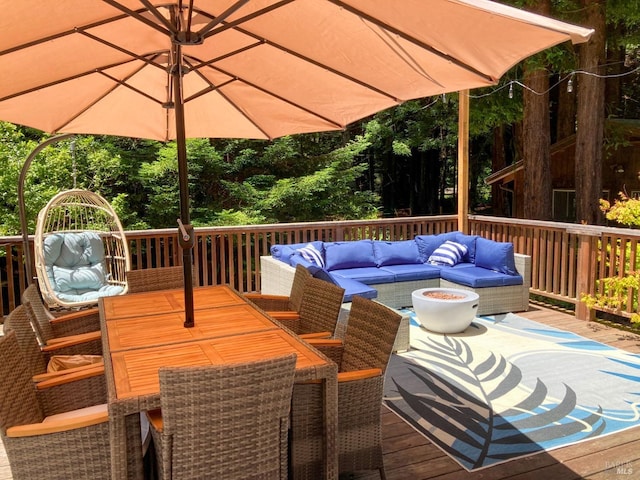 wooden terrace with outdoor lounge area and outdoor dining area