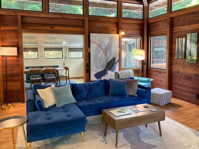 living area featuring wood walls, wood finished floors, and a wealth of natural light