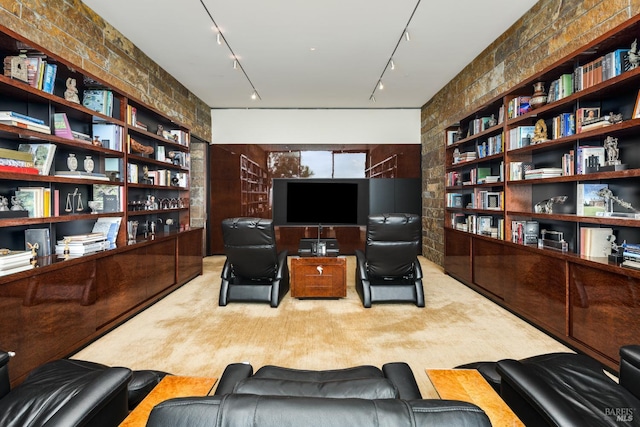 sitting room featuring built in shelves, track lighting, and carpet floors