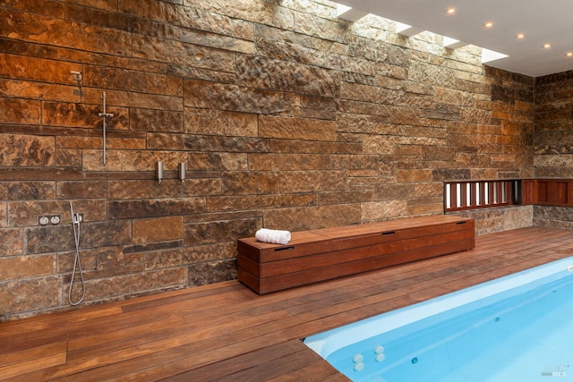 view of sauna featuring hardwood / wood-style flooring and recessed lighting