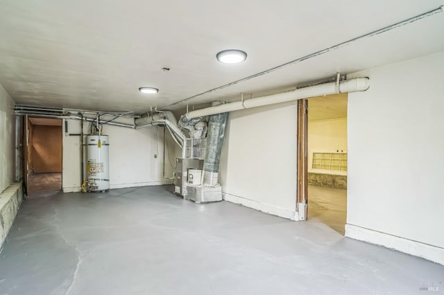 basement with secured water heater and heating unit