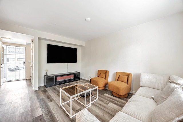 living room featuring a glass covered fireplace, wood finished floors, and baseboards