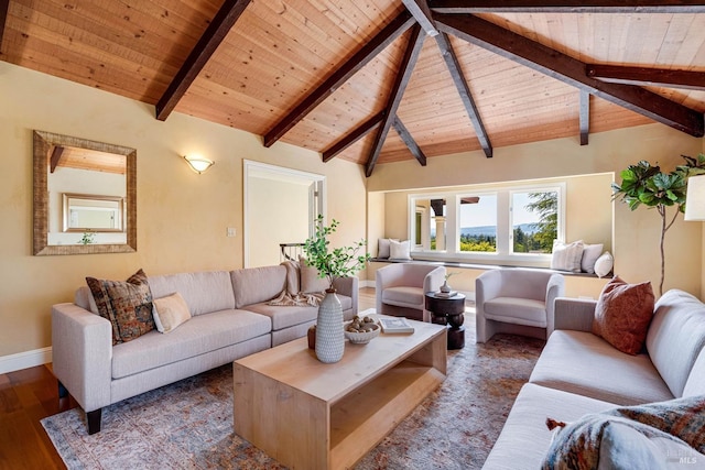 living room with baseboards, wood finished floors, lofted ceiling with beams, and wood ceiling
