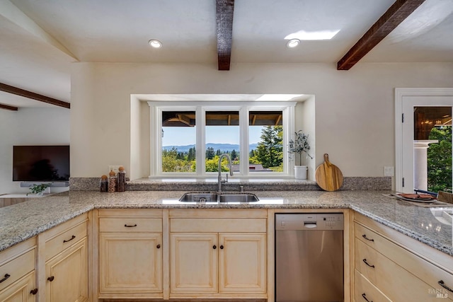 kitchen with stainless steel dishwasher, light brown cabinets, and a sink