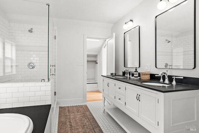 bathroom with a stall shower, double vanity, and a sink