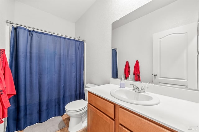 bathroom featuring vanity, wood finished floors, toilet, and curtained shower