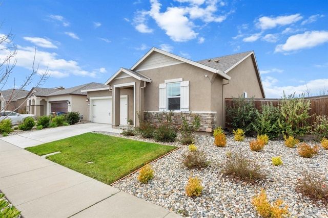 view of front of property featuring a garage, fence, stone siding, stucco siding, and concrete driveway