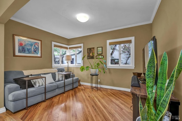 sitting room featuring ornamental molding, wood finished floors, and baseboards