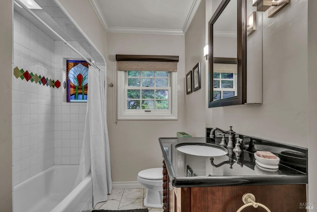 bathroom featuring marble finish floor, toilet, vanity, baseboards, and crown molding