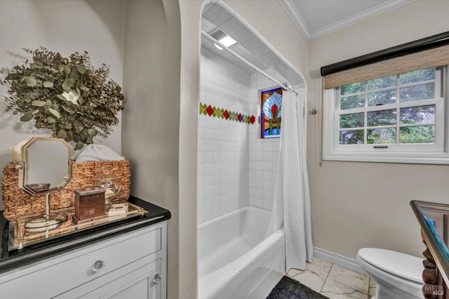 full bath featuring toilet, ornamental molding, shower / bathtub combination with curtain, vanity, and marble finish floor