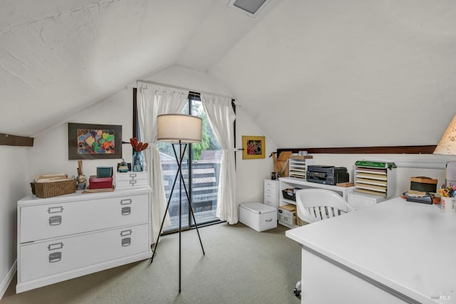office space featuring lofted ceiling and carpet floors