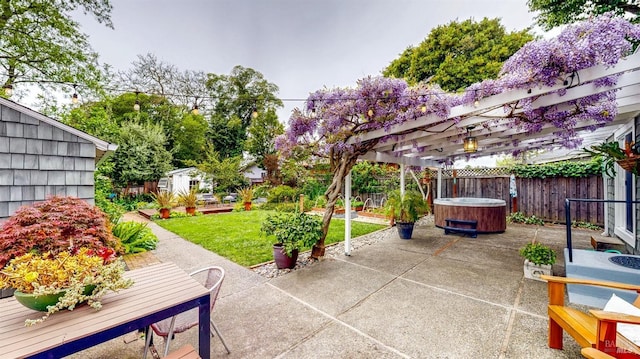 view of patio with a pergola, an outdoor structure, a fenced backyard, a hot tub, and a storage unit