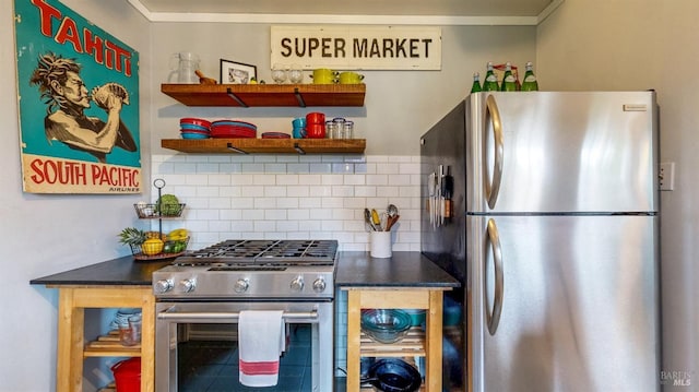 kitchen featuring appliances with stainless steel finishes, dark countertops, open shelves, and backsplash