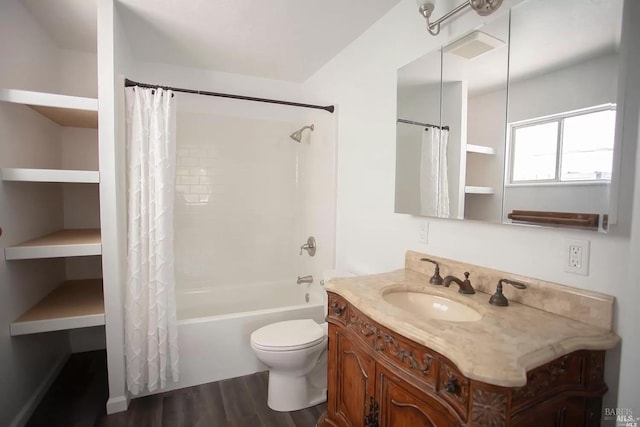 315 Baker St, Petaluma, CA 94952 - full bathroom with toilet, shower / tub combo with curtain, wood finished floors, and vanity