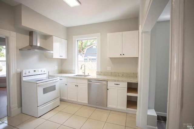 315 Baker St, Petaluma, CA 94952 - kitchen with a sink, wall chimney exhaust hood, white cabinets, electric stove, and dishwasher