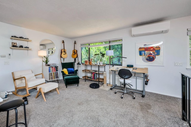 interior space featuring carpet flooring, baseboards, and a wall mounted AC