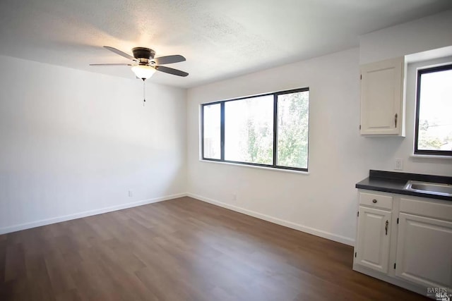315 Baker St, Petaluma, CA 94952 - unfurnished dining area featuring baseboards, dark wood-style flooring, a ceiling fan, and a sink