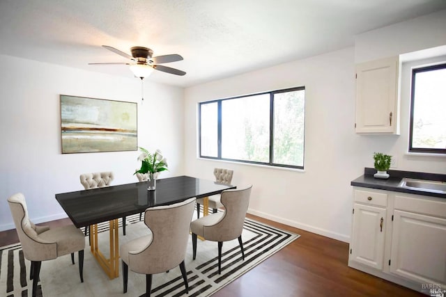 315 Baker St, Petaluma, CA 94952 - dining area with baseboards, dark wood-style flooring, and ceiling fan