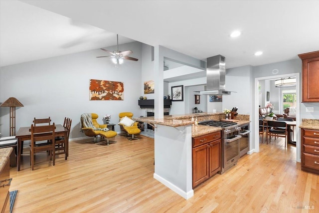 kitchen featuring light wood-style floors, island range hood, recessed lighting, light stone counters, and appliances with stainless steel finishes