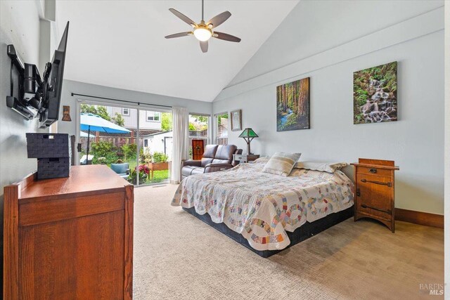 bedroom featuring ceiling fan, light carpet, high vaulted ceiling, access to exterior, and baseboards