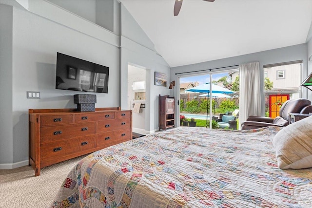 bedroom featuring access to exterior, baseboards, high vaulted ceiling, a ceiling fan, and carpet