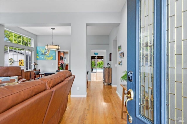 foyer featuring baseboards, a notable chandelier, a wealth of natural light, and light wood-type flooring