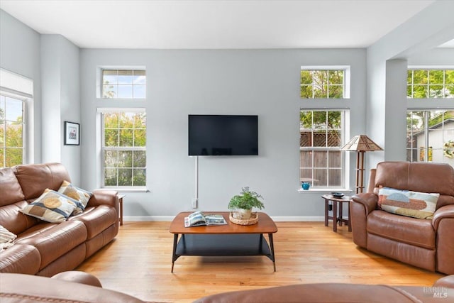 living area with a healthy amount of sunlight, baseboards, and light wood-style flooring