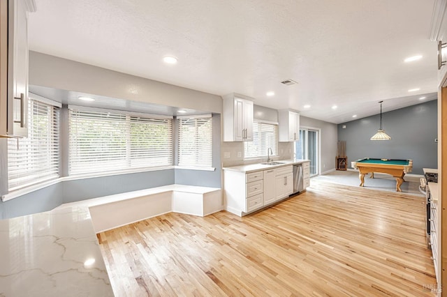 1543 Cunningham Way, Santa Rosa, CA 95403 - kitchen featuring dishwasher, white cabinetry, light wood finished floors, a sink, and billiards