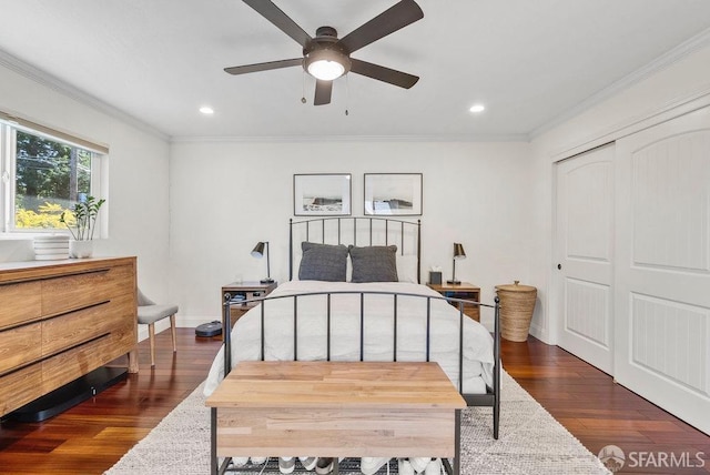 bedroom with recessed lighting, ornamental molding, and dark wood-type flooring