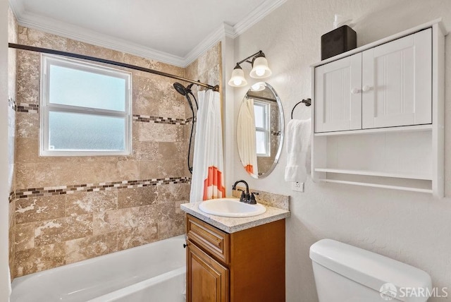 full bath with vanity, toilet, a wealth of natural light, shower / tub combo, and ornamental molding