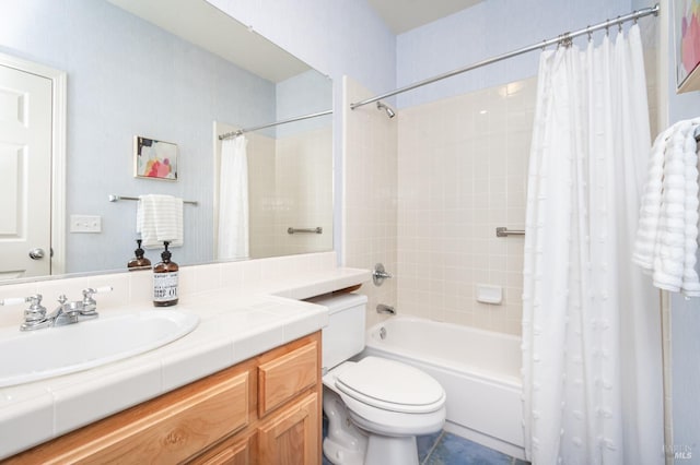 bathroom with toilet, shower / bath combo, and vanity