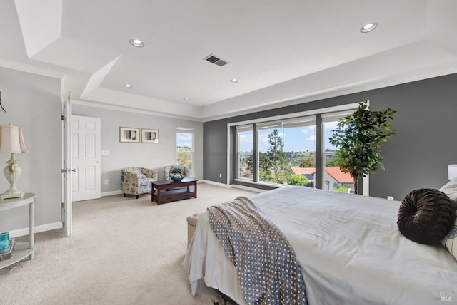 bedroom featuring baseboards, light carpet, and a raised ceiling