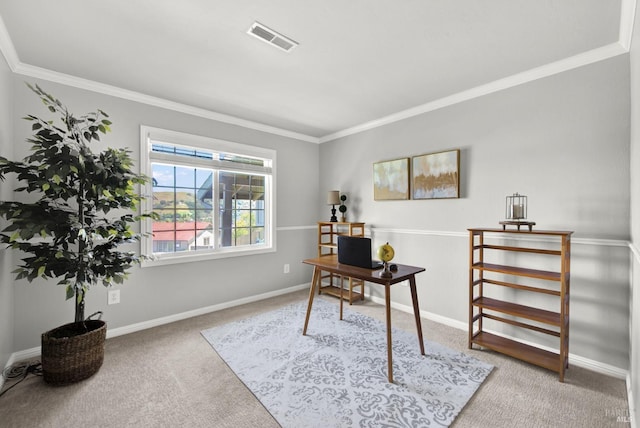 home office with visible vents, ornamental molding, baseboards, and carpet floors