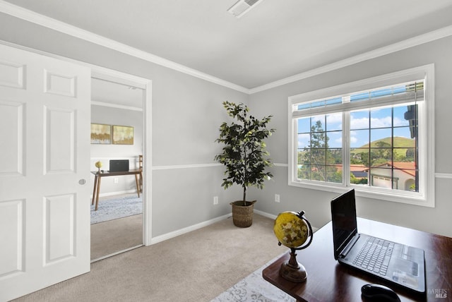 carpeted office space with baseboards, ornamental molding, and visible vents