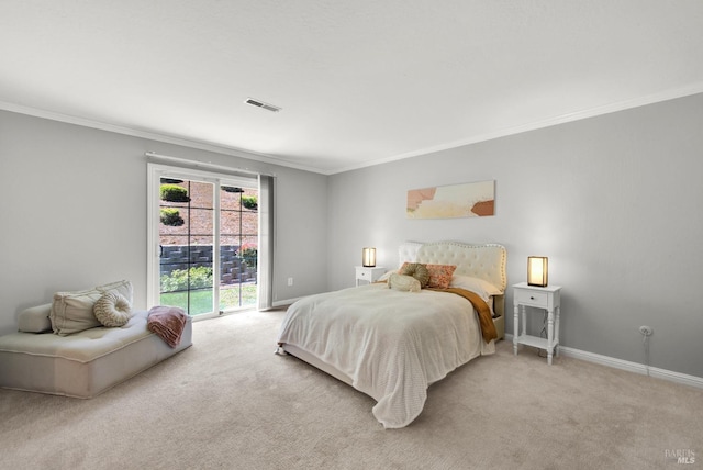 bedroom featuring light colored carpet, visible vents, and ornamental molding